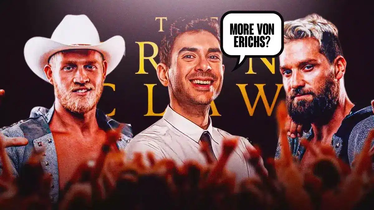 Tony Khan in the middle with a text bubble reading “More Von Erichs?” with Marshall Von Erich on his left and Ross Von Erich on his right with the The Iron Claw poster as the background.