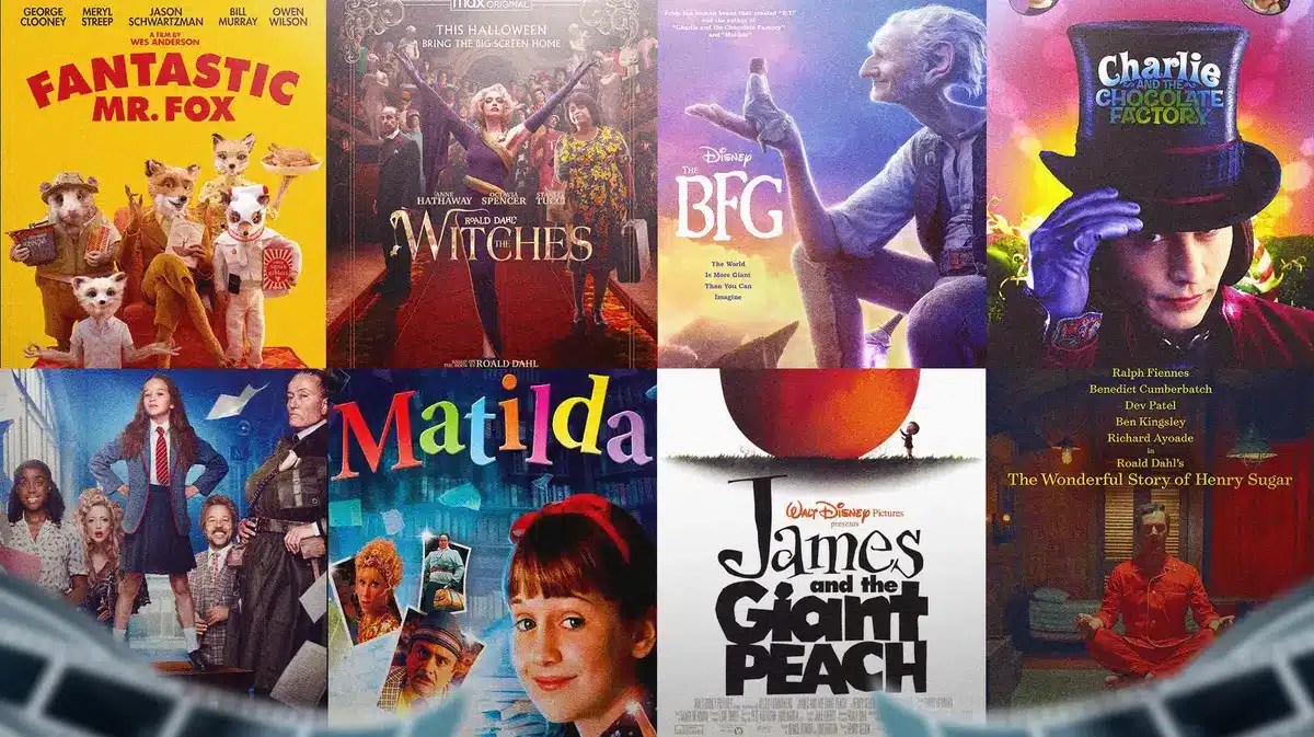Collage of pics from Roald Dahl adaptation movie posters - Charlie and the Chocolate Factory, The BFG, The Witches, Matilda (the original film adaptation and the musical), James and the Giant Peach, Fantastic Mr. Fox and The Wonderful Story of Henry Sugar