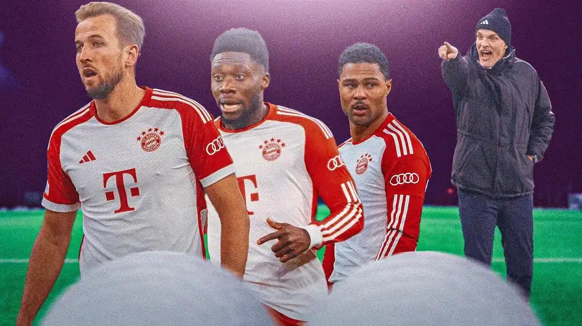 Photo: Thomas Tuchel coaching Bayern breathing fire at Alphonso Davies, Serge Gnabry, Harry Kane in Bayern jerseys