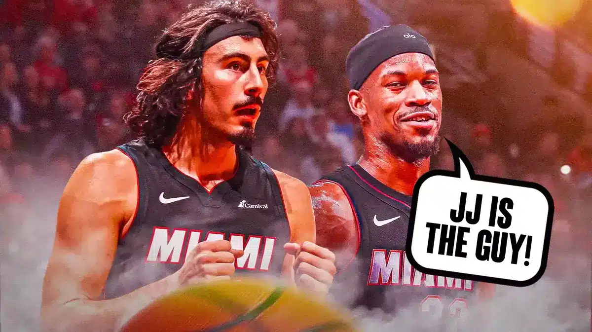 Heat's Jimmy Butler saying "JJ is the guy!" next to Jaime Jaquez