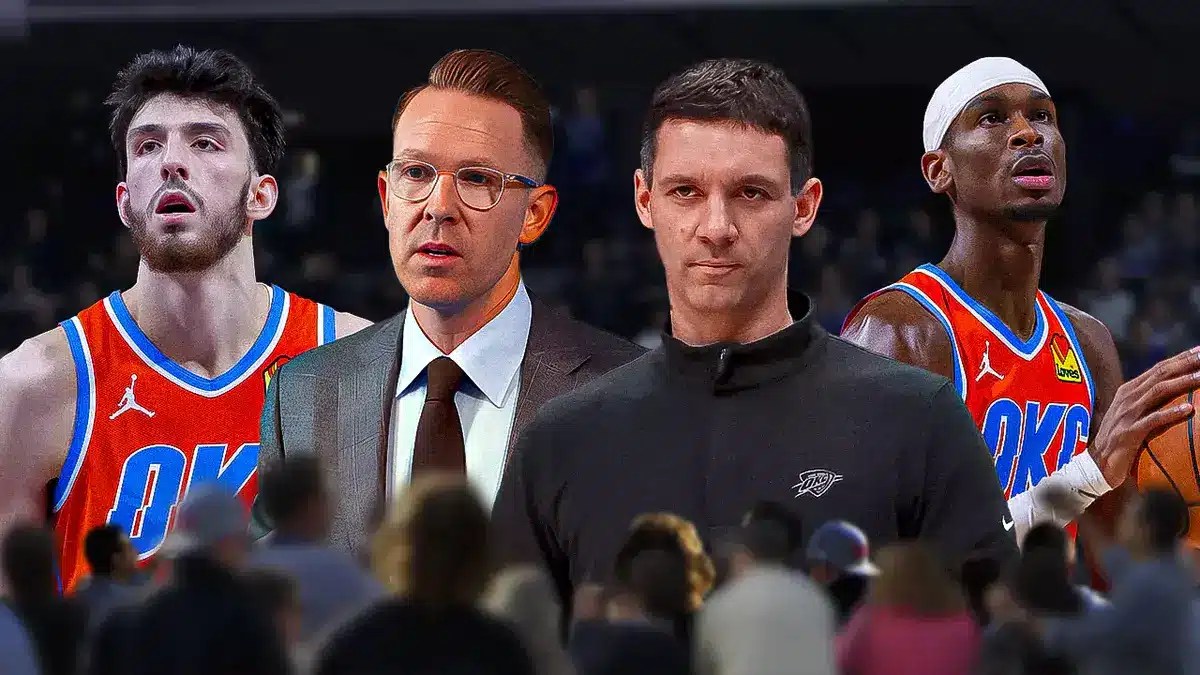 Thunder's Chet Holmgren, Sam Presti, Mark Daigneault and Shai Gilgeous-Alexander
