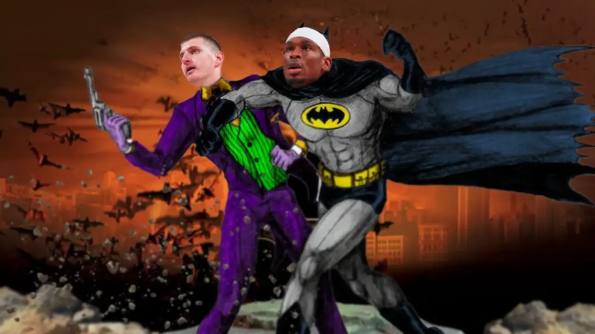 Shai Gilgeous-Alexander as Batman punching/beating Nikola Jokic as Joker