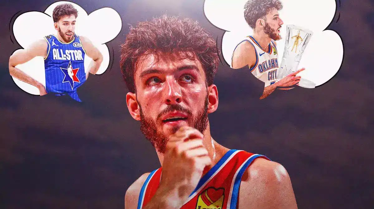 Thunder’s Chet Holmgren thinking, with two thought bubbles: one on the right of him holding the Rookie of the Year trophy, one on the left of him wearing an All-Star game uniform