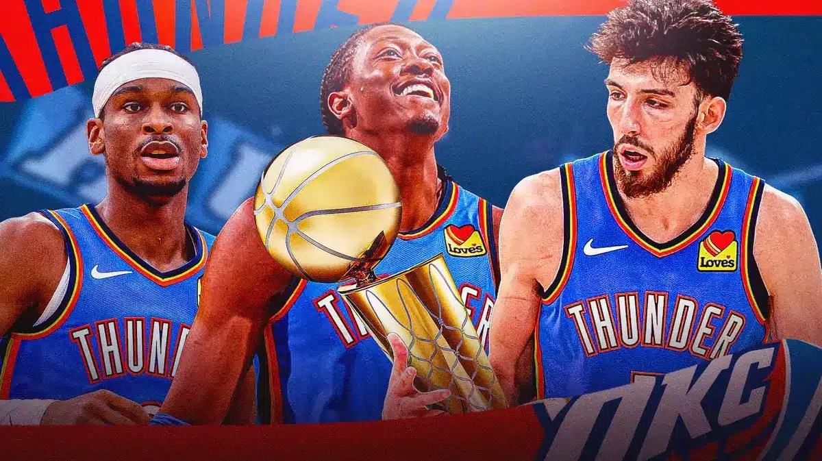 Thunder guard Shai Gilgeous-Alexander, Jalen Williams, Chet Holmgren all holding the Larry O’Brien trophy