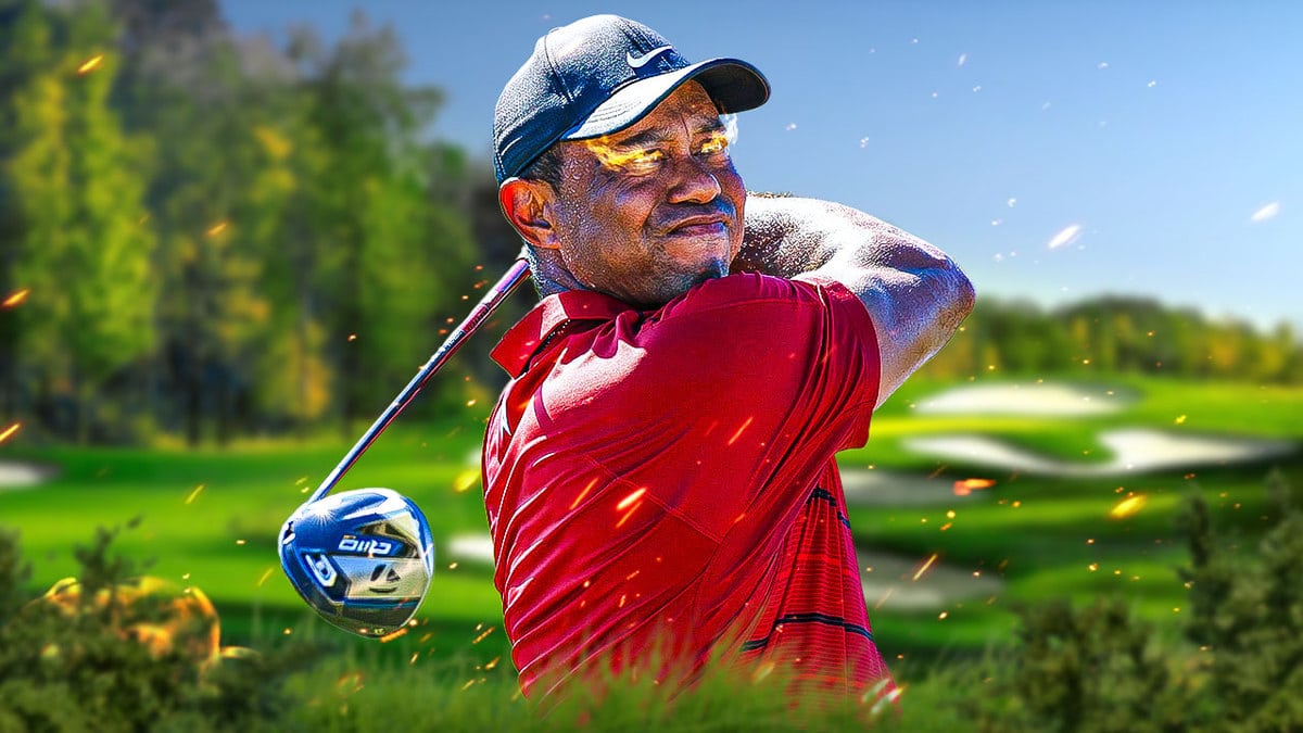 Tiger Woods looking hyped and with fire in eyes