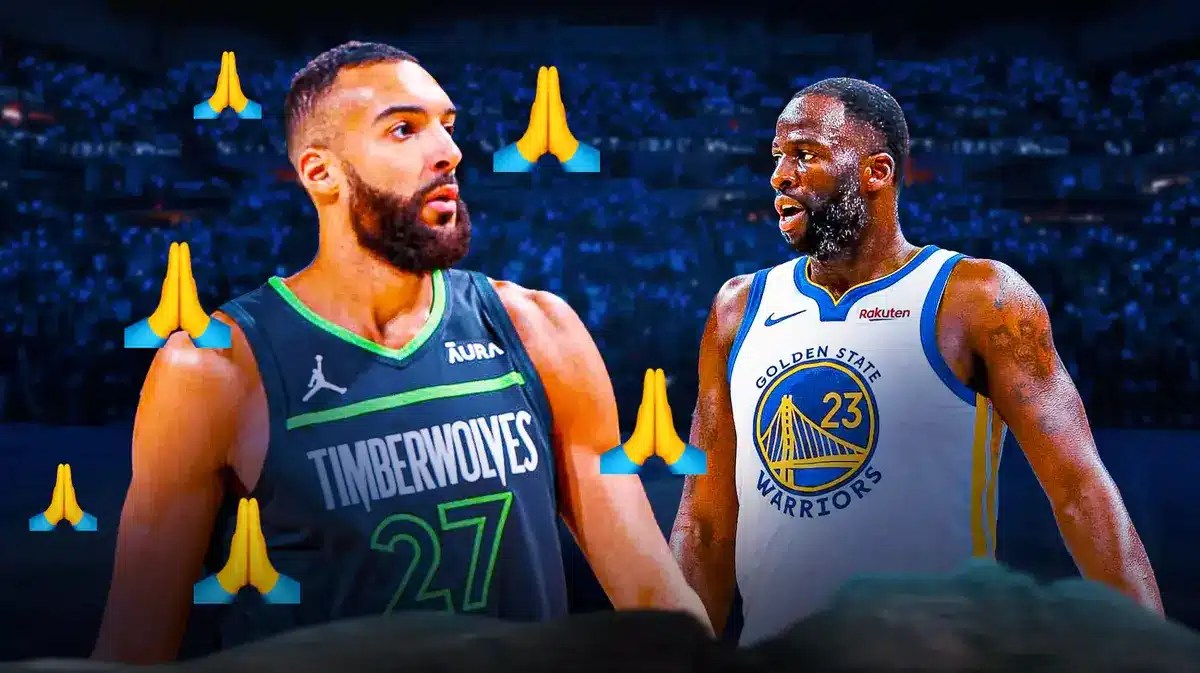 Timberwolves' Rudy Gobert looking serious, with prayer hands emojis all over Gobert, with Warriors' Draymond Green looking sad