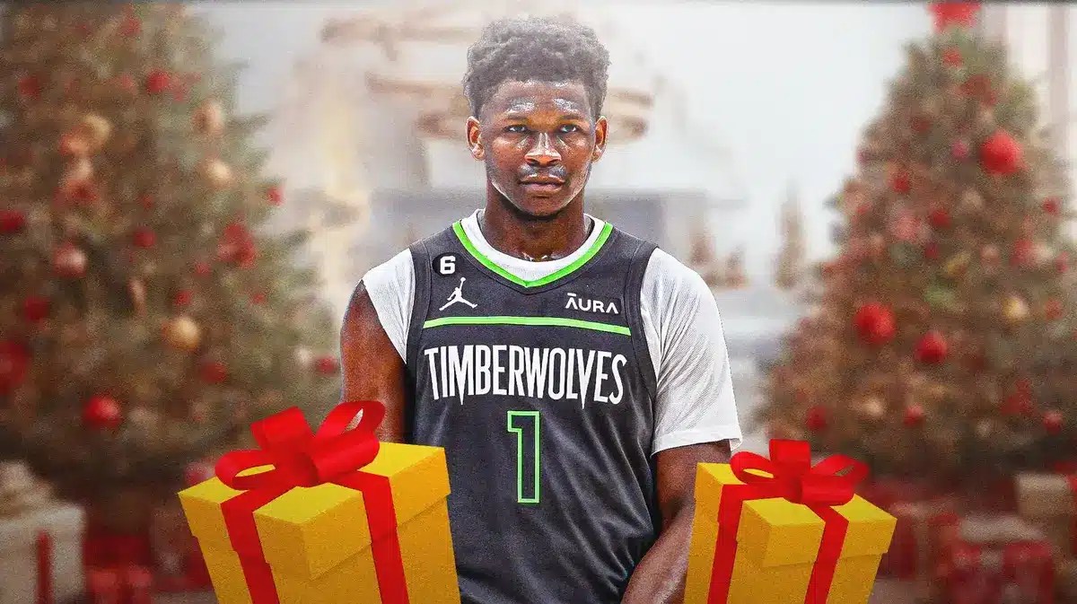 Photo: Anthony Edwards in Timberwolves uniform with Christmas tree and presents surrounding him.