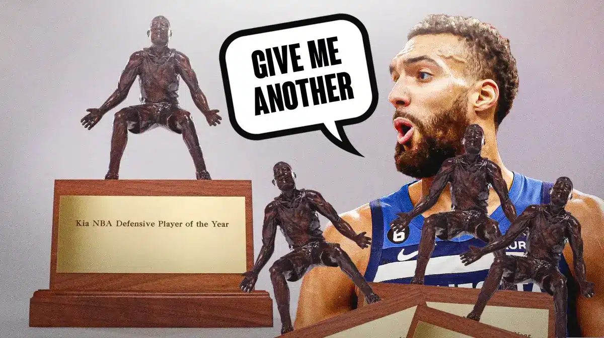 Timberwolves' Rudy Gobert holding three DPOY trophies and saying "Give me another"