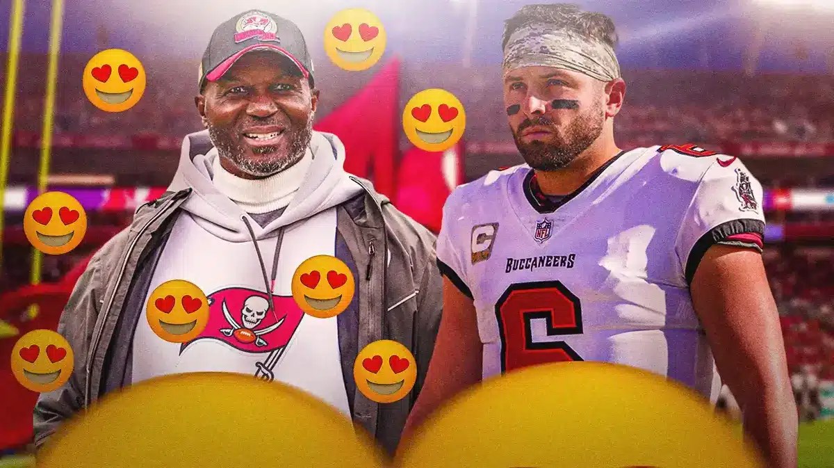 Buccaneers coach Todd Bowles and QB Baker Mayfield.