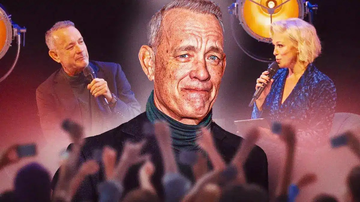 Tom Hanks with talk show background.