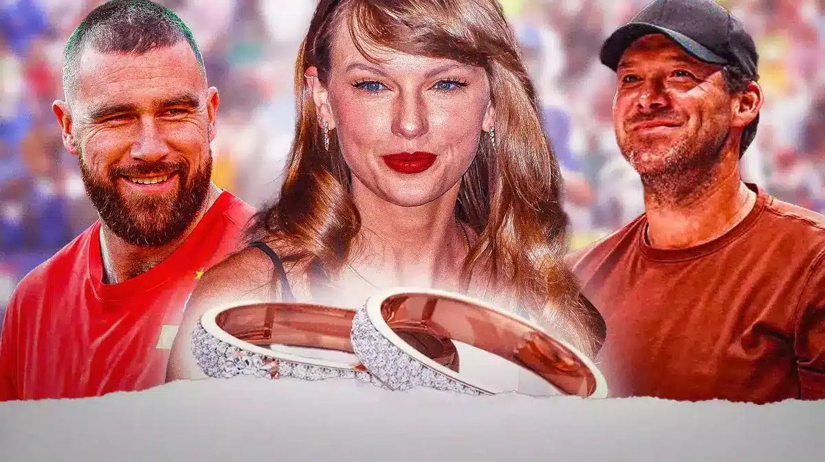 Tony Romo in street clothes. Travis Kelce. Taylor Swift with an engagement ring either on her or near her