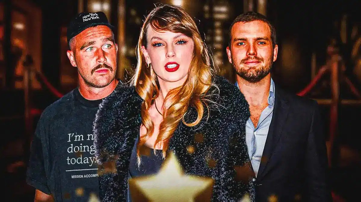 Travis Kelce, Taylor Swift in the middle and her brother Austin Swift