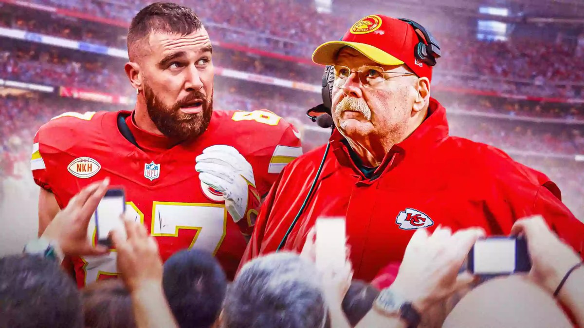 Chiefs, Raiders, Travis Kelce, Andy Reid, Travis Kelce Chiefs, Travis Kelce and Andy Reid with Chiefs stadium in the background