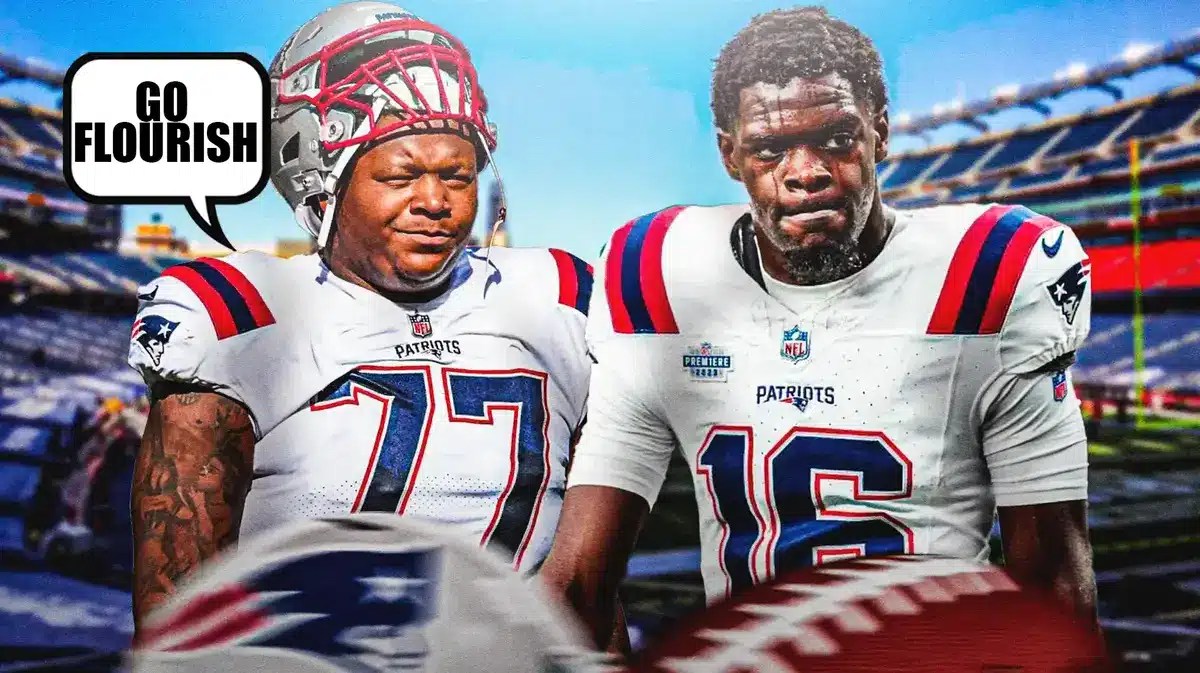 Patriots offensive tackle Trent Brown with quote bubble saying "Go Flourish" to Malik Cunningham.