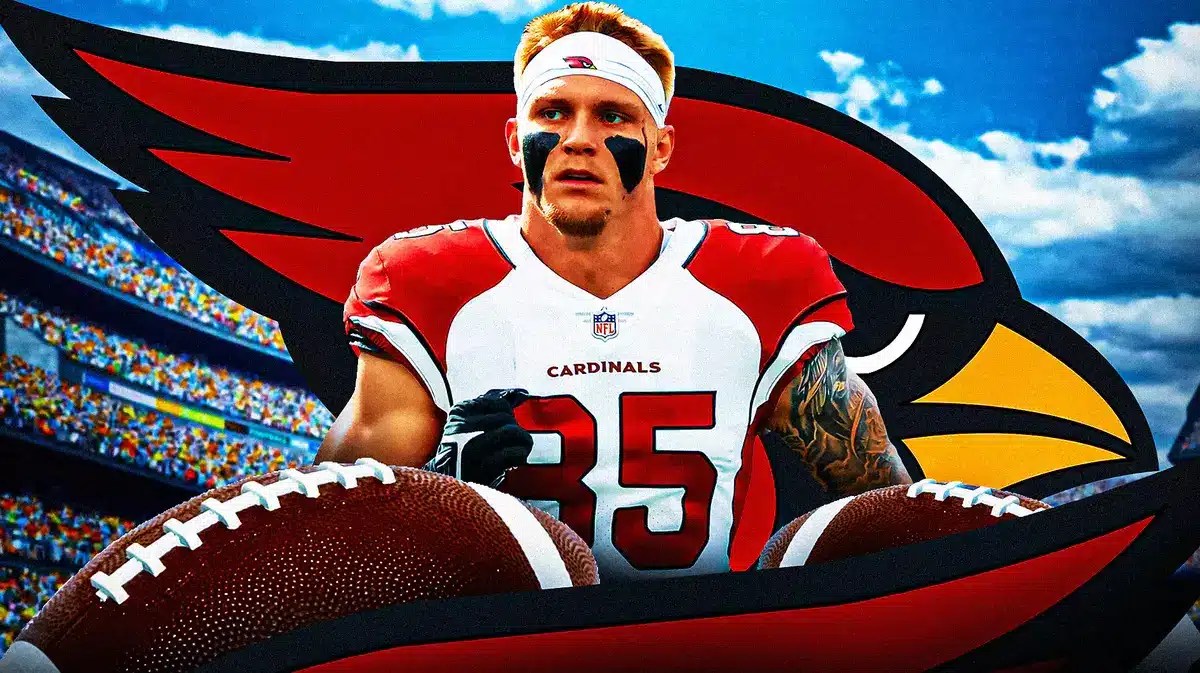 Photo: Trey McBride in Cardinals gear with Cardinals logo and fans behind him
