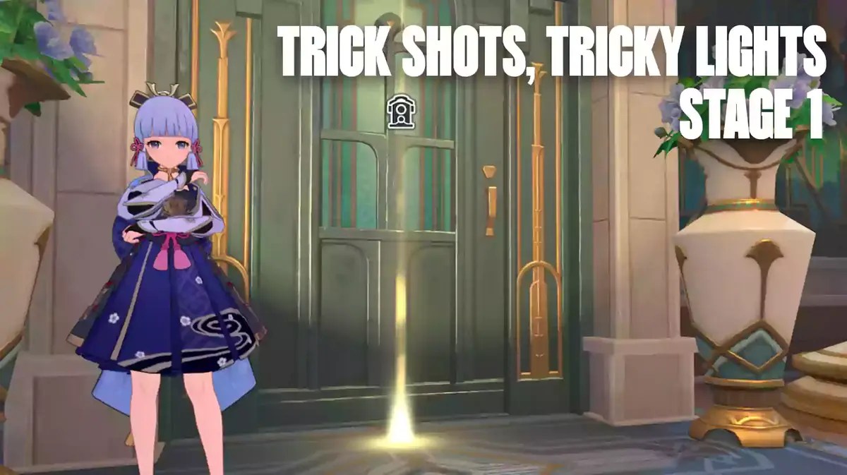trick shots tricky lights stage 1, trick shots tricky lights, trick shots tricky lights guide, genshin impact event, genshin impact, a screenshot of Ayaka with the words Trick Shots Tricky Lights Stage 1 in the corner