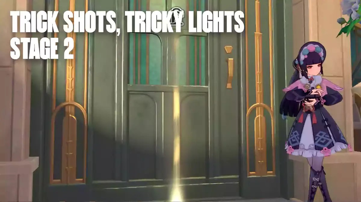 trick shots tricky lights stage 2, trick shots tricky lights, trick shots tricky lights guide, genshin impact event, genshin impact, a screenshot of Yun Jin with the words Trick Shots Tricky Lights Stage 2 in the corner