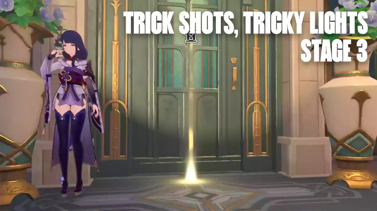 trick shots tricky lights stage 3, trick shots tricky lights, trick shots tricky lights guide, genshin impact event, genshin impact, a screenshot of Raiden Shogun with the words Trick Shots Tricky Lights Stage 3 in the corner