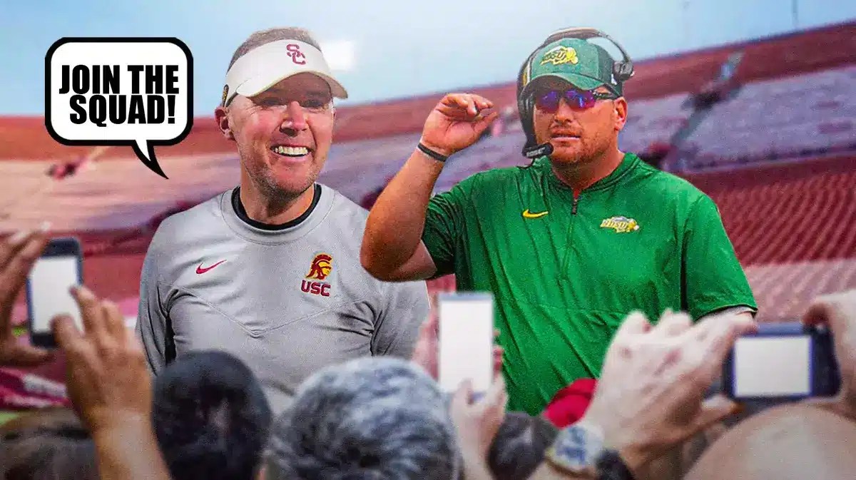 USC football coach Lincoln Riley and NDSU coach Matt Entz