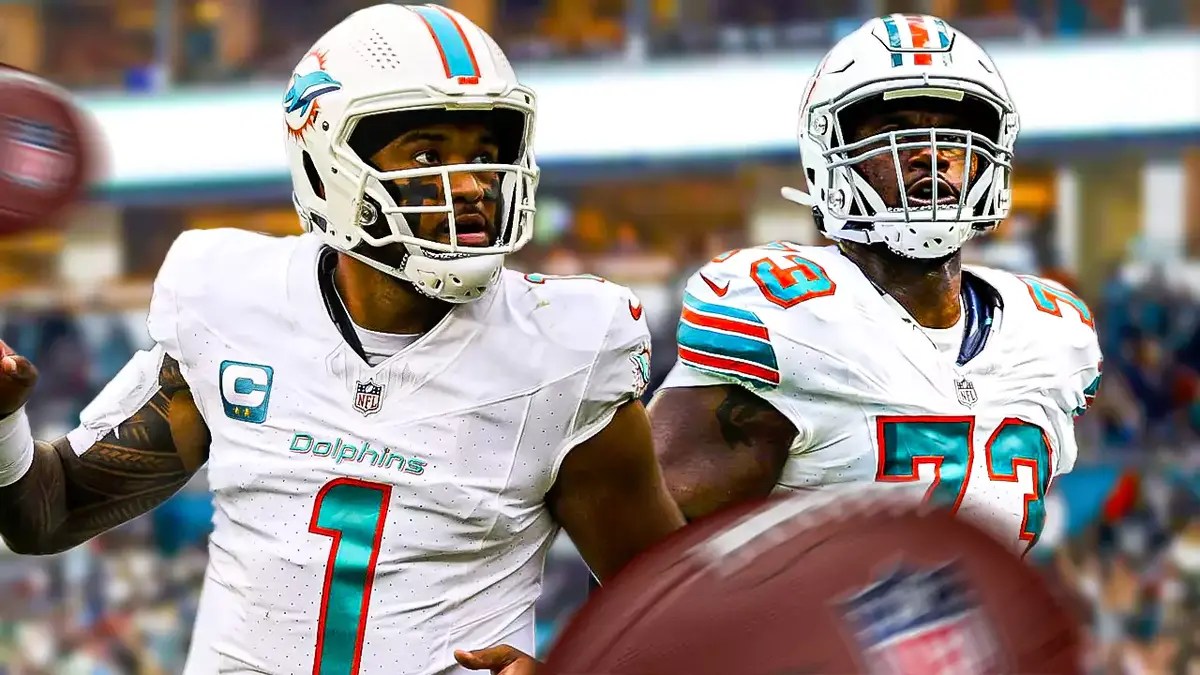 Miami Dolphins quarterback Tua Tagovailoa and right tackle Austin Jackson
