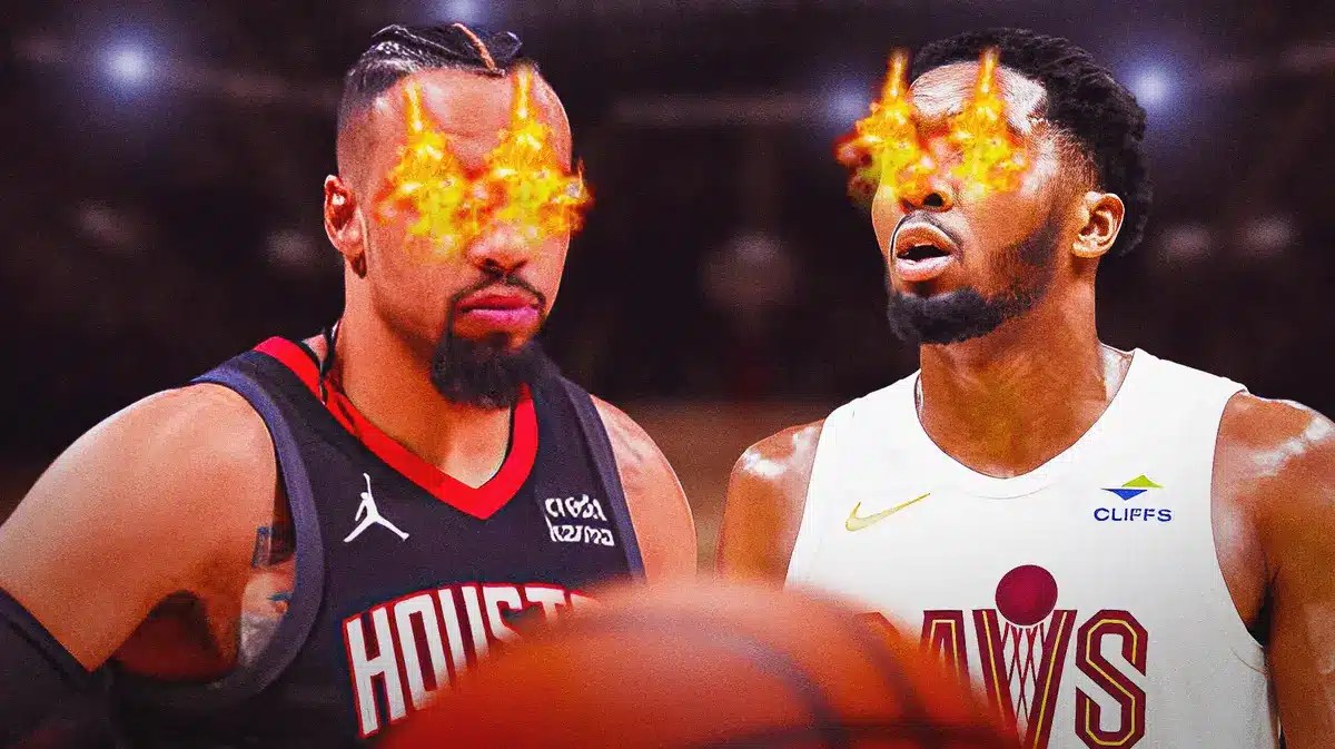 Photo: Donovan Mitchell in Cavs jersey with fire in his eyes looking pissed at Dillon Brooks in Rockets jersey, also have fire in his eyes