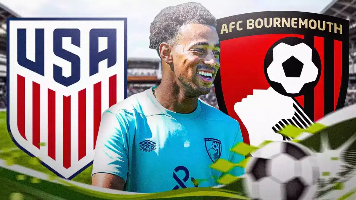Tyler Adams in front of the USMNT and Bournemouth logos