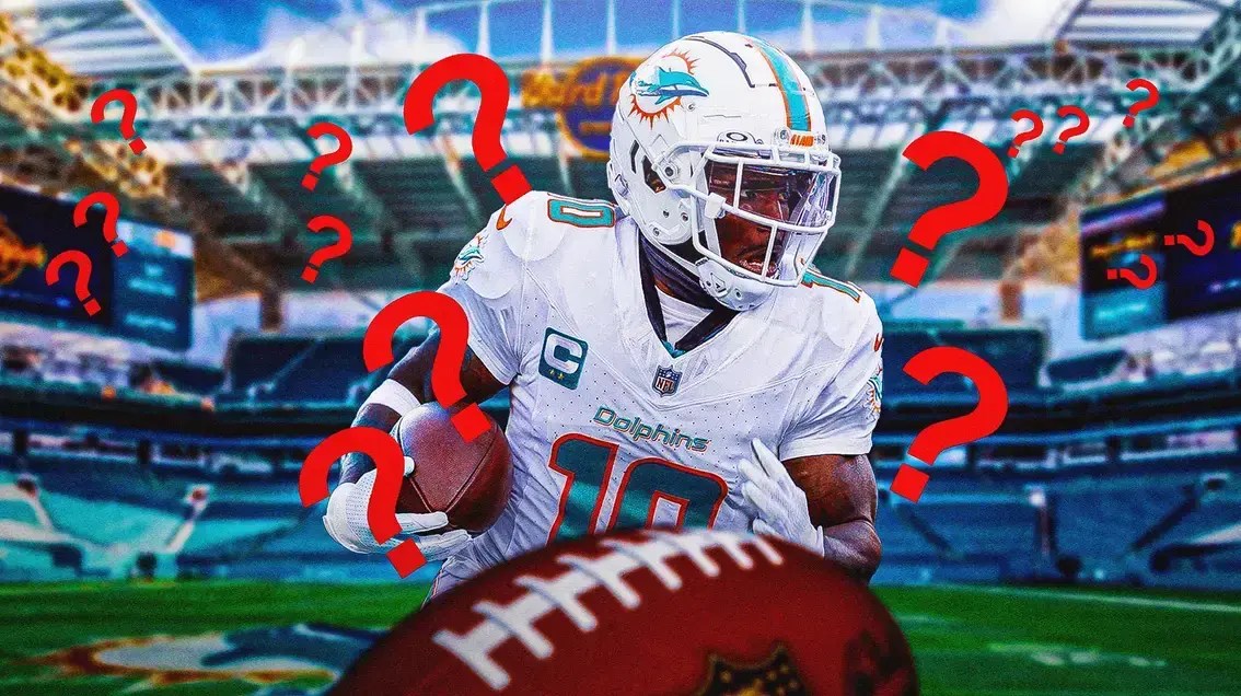Miami Dolphins star Tyreek Hill around question marks in front of Hard Rock Stadium.