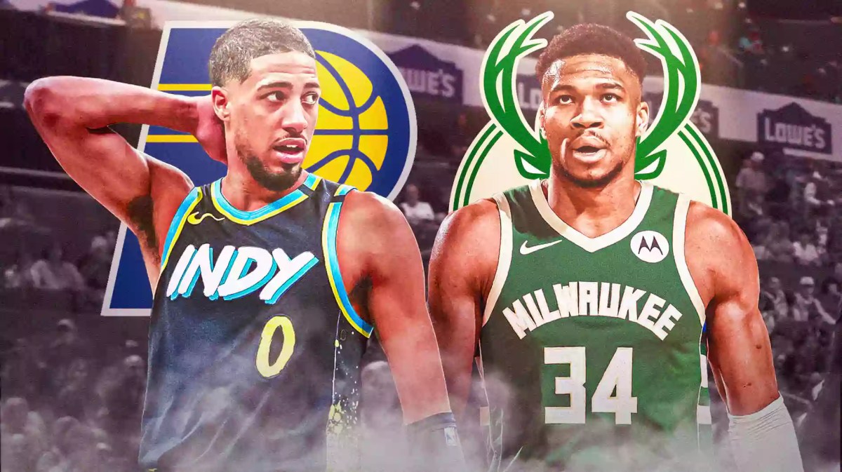 Tyrese Haliburton and Giannis Antetokounmpo with the Bucks and Pacers logos in the background