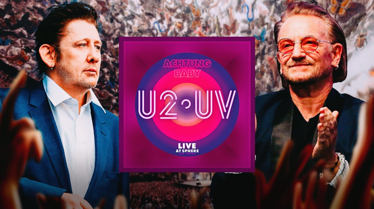 U2:UV logo, Bono and Shane MacGowan with Sphere background.