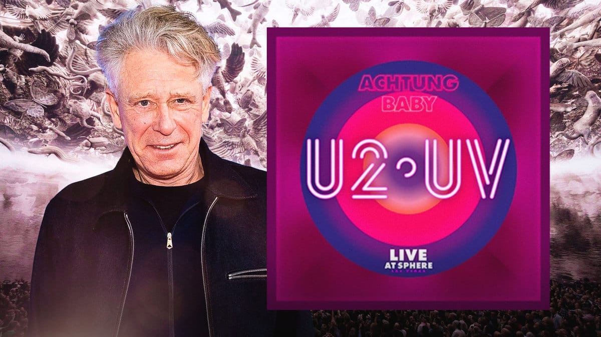 U2:UV logo next to Adam Clayton with Sphere background.
