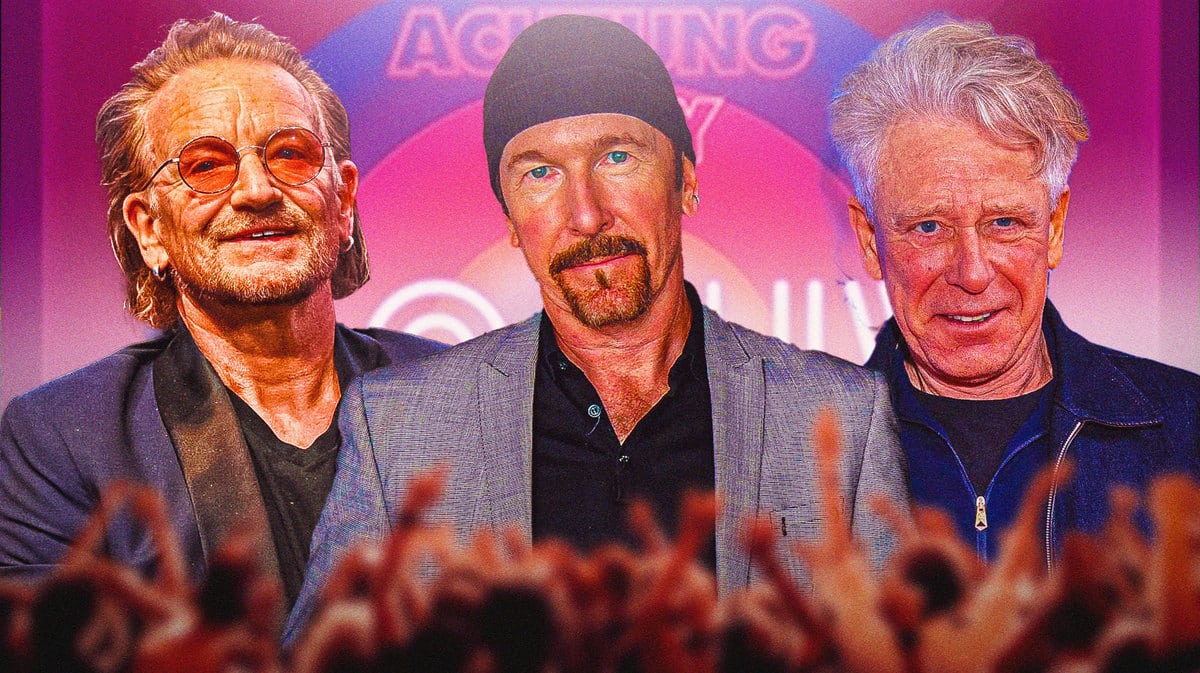 Bono, The Edge, Adam Clayton with U2:UV Achtung Baby Live at Sphere logo background.