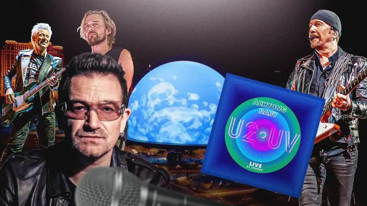 U2:UV logo with Bono, The Edge, Adam Clayton, and Bram van den Berg, with Sphere background.