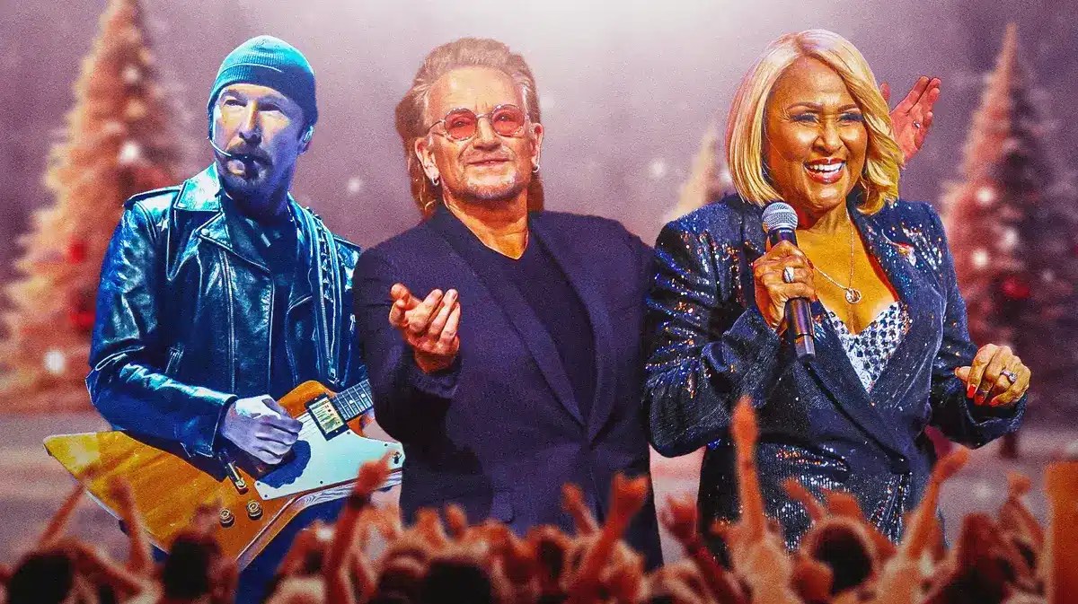 U2 members The Edge and Bono next to Darlene Love with Christmas background.