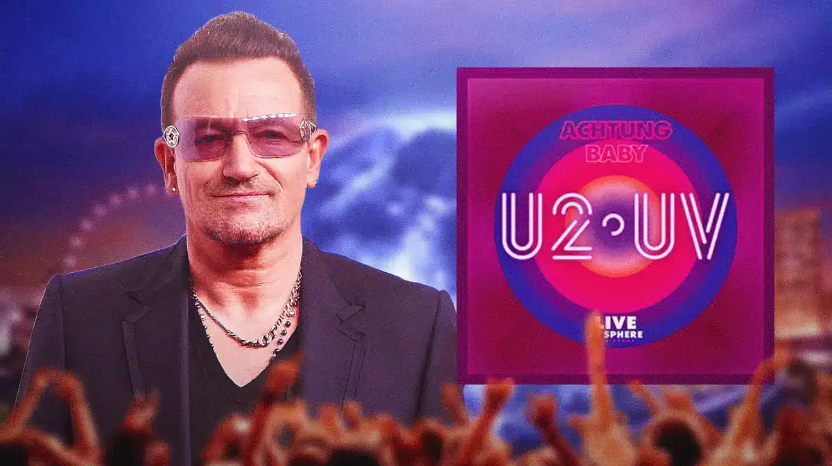 U2:UV logo and Bono in front of Sphere.