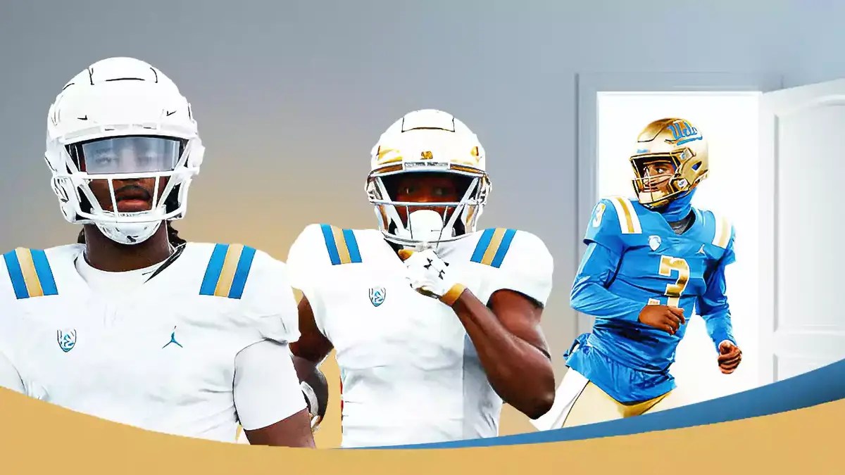 Photo: Maalik Murphy, Tobias Merriweather in UCLA jerseys with Dante Moore walking out of a door in the background, two SEPARATE thumbs of each Murphy, Merriweather in UCLA jerseys, too. 3 thumbs in total please