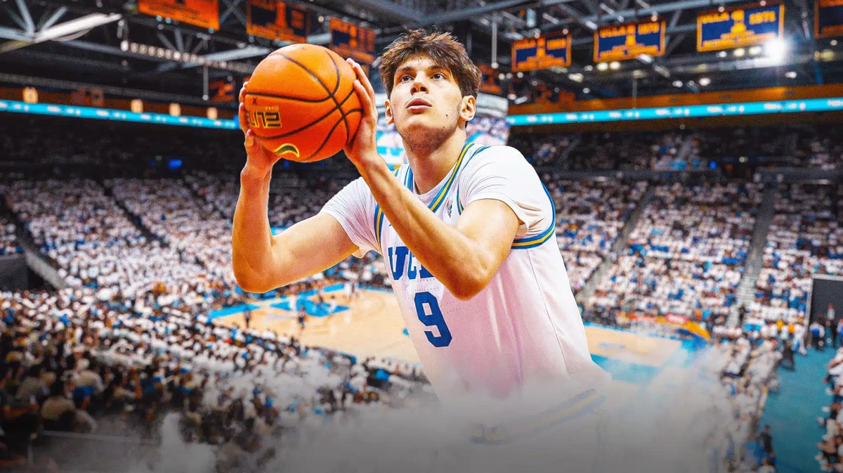 UCLA basketball, Bruins, Villanova basketball, Wildcats, Berke Buyuktuncel, Berke Buyuktuncel in UCLA uni with UCLA basketball arena in the background