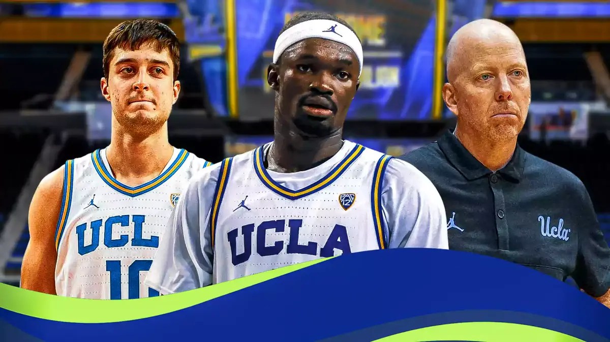 UCLA basketball HC Mick Cronin with Adem Bona and Lazar Stefanovic after Villanova loss