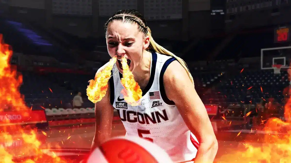 Paige Bueckers screaming and breathing fire
