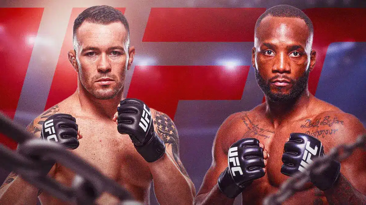 Colby Covington facing off Leon Edwards, the UFC logo behind them
