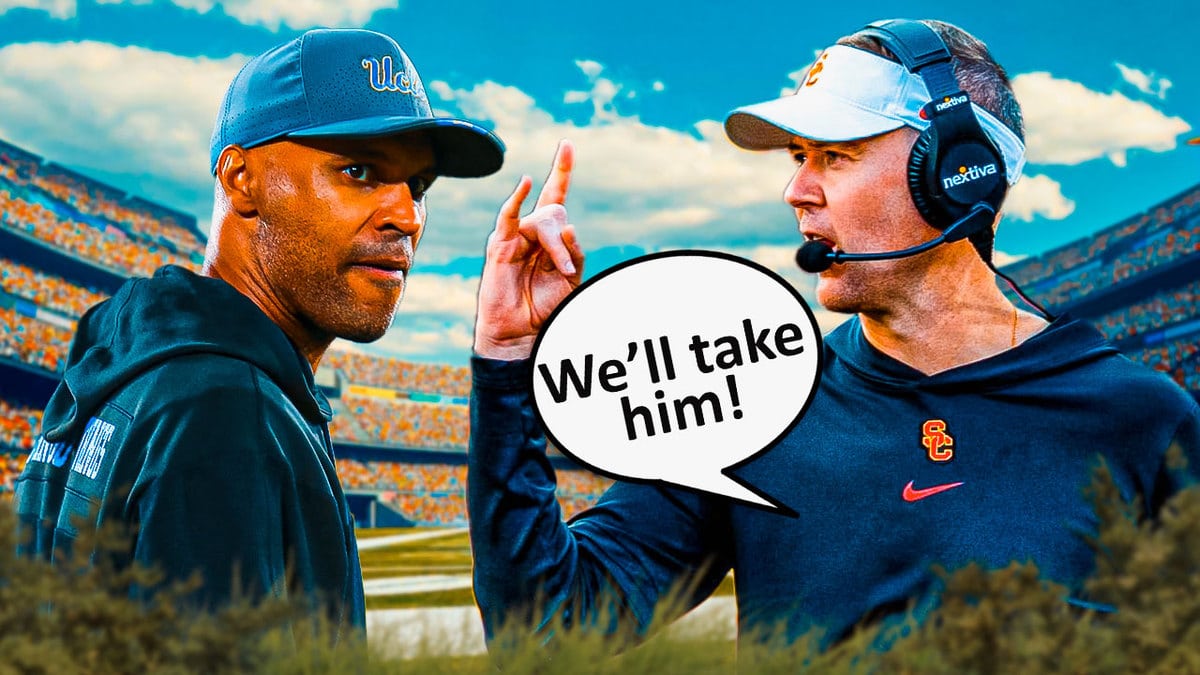 Lincoln Riley coaching USC football saying “We’ll take him!” with D’Anton Lynn beside him