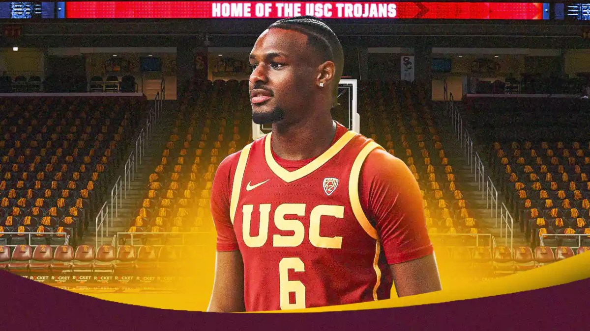 USC basketball, Trojans, Bronny James, Bronny James USC, Oregon basketball, Bronny James in USC basketball uni with USC basketball arena in the background