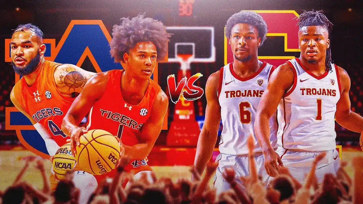 Johni Broome, Aden Holloway, Auburn logo vs. Bronny Jams, Isaiah Collier, USC logo.