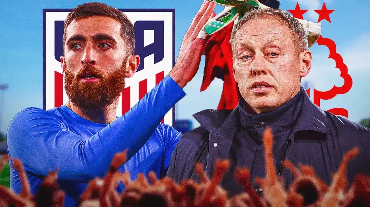 Matt Turner and Steve Cooper in front of the USMNT and Nottingham Foest logos