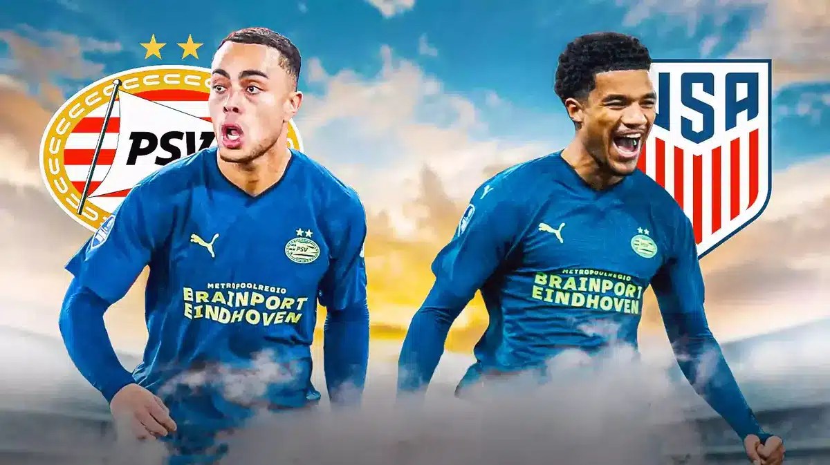 Sergino Dest and Malik Tillman in front of the PSV and USMNT logos