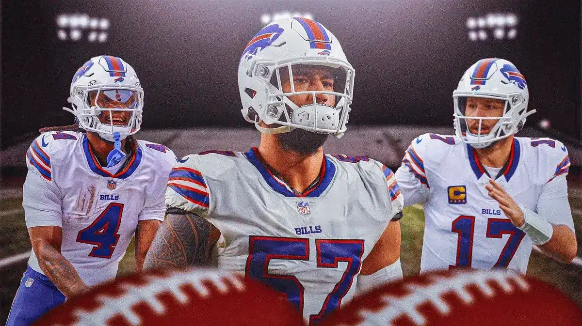 Buffalo Bills stars James Cook, A.J. Epenesa, and Josh Allen standing next to each other.