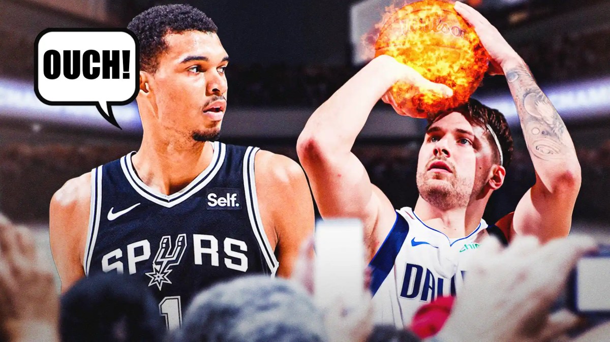 Spurs' Victor Wembanyama saying "Ouch!" and Mavs' Luka Doncic shooting a fireball