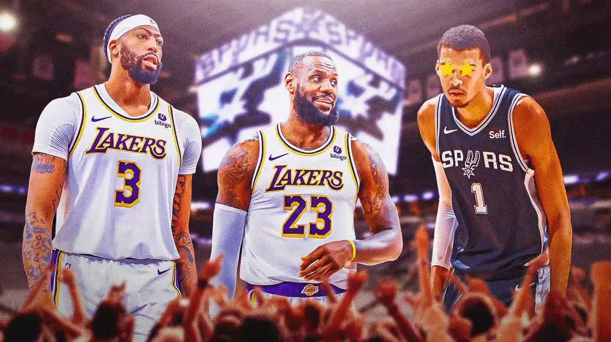 Spurs star Victor Wembanyama looking at Lakers stars LeBron James and Anthony Davis.