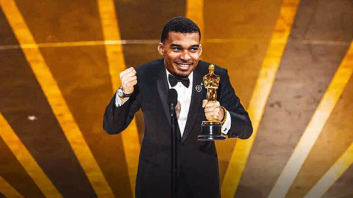 Spurs rookie Victor Wembanyama as an actor accepting an OSCARS award