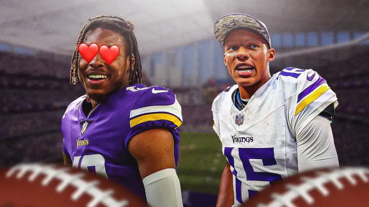 Photo: Justin Jefferson with heart eyes looking at Josh Dobbs, both in Vikings jerseys