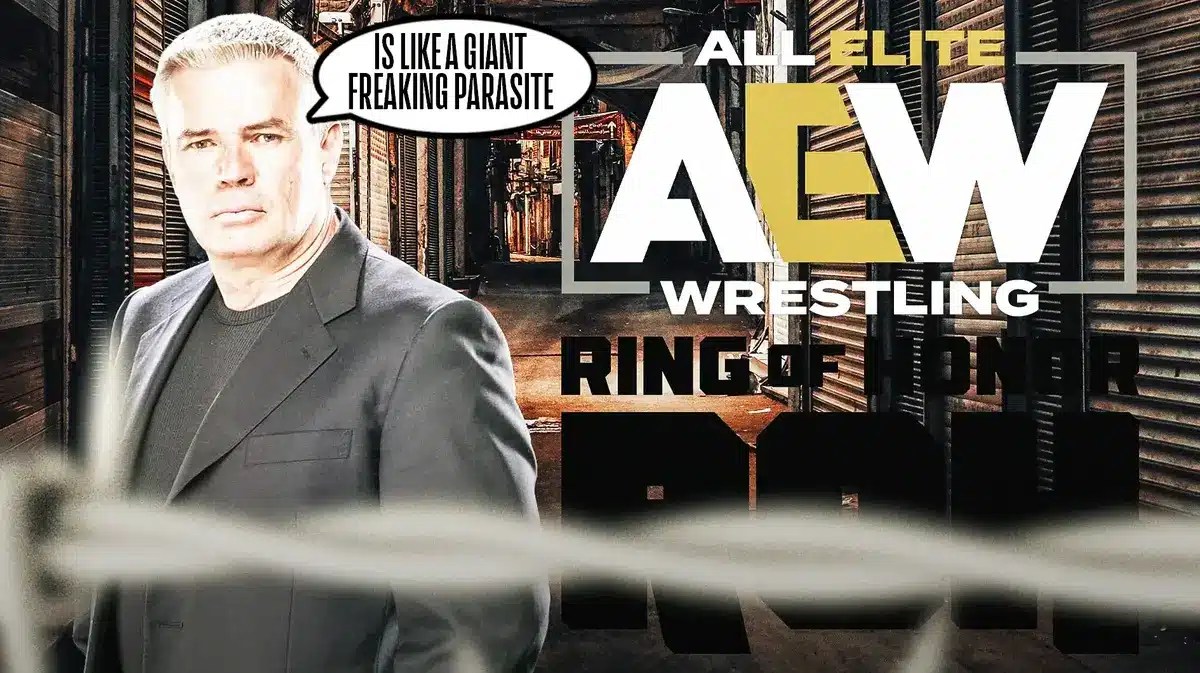Eric Bischoff with a text bubble reading “Is like a giant freaking parasite” next to the blacked-out silhouette of the Ring of Honor logo with the AEW logo as the background.
